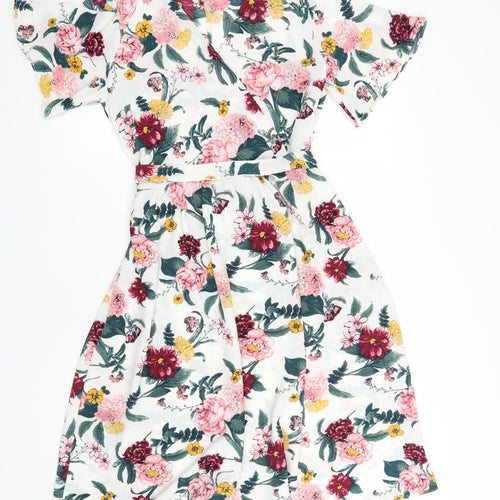 Peacocks Womens White Floral Polyester Fit & Flare  Size 12  V-Neck Zip