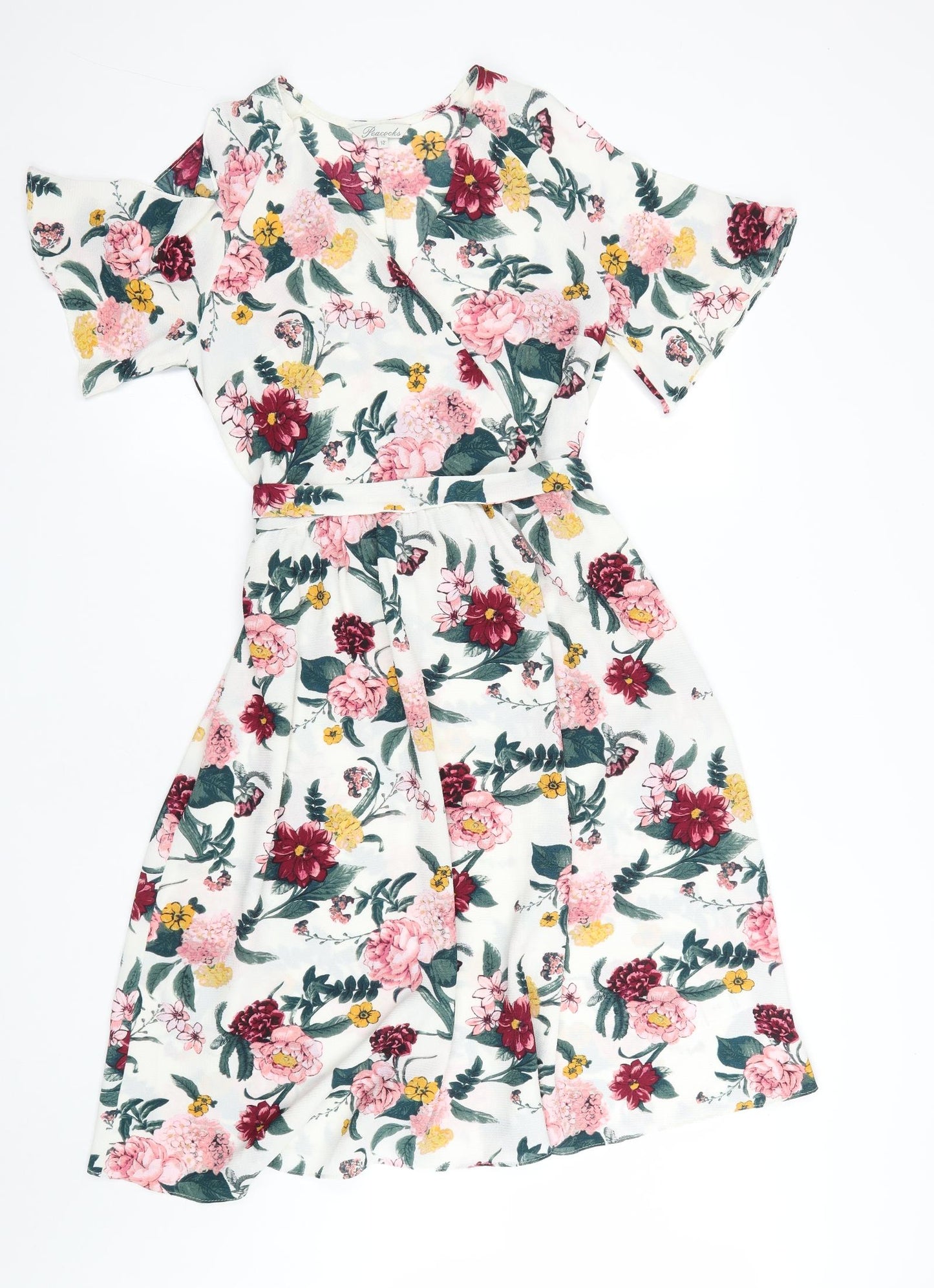 Peacocks Womens White Floral Polyester Fit & Flare  Size 12  V-Neck Zip