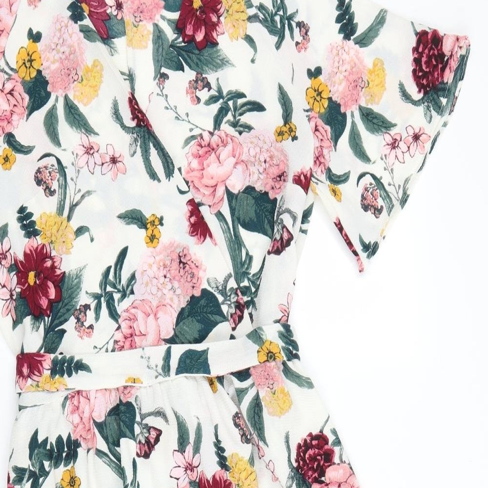 Peacocks Womens White Floral Polyester Fit & Flare  Size 12  V-Neck Zip