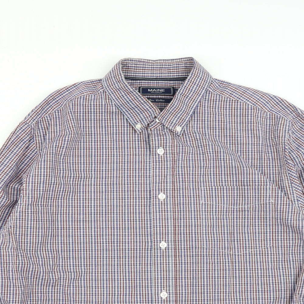 Debenhams Mens Blue Plaid Cotton  Button-Up Size L Collared Button