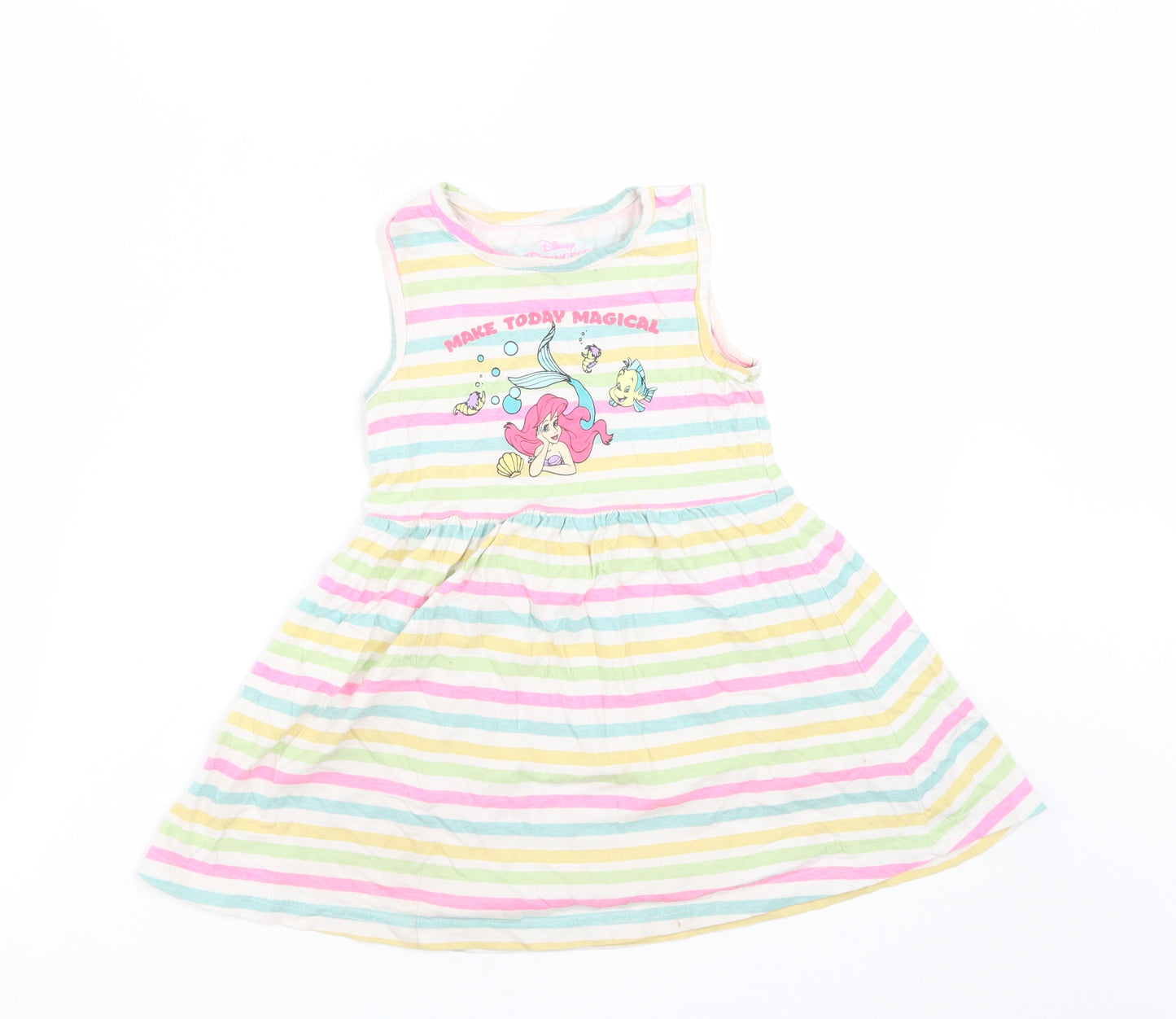 Primark Girls Multicoloured Striped Cotton Fit & Flare  Size 5-6 Years  Round Neck  - The Little Mermaid