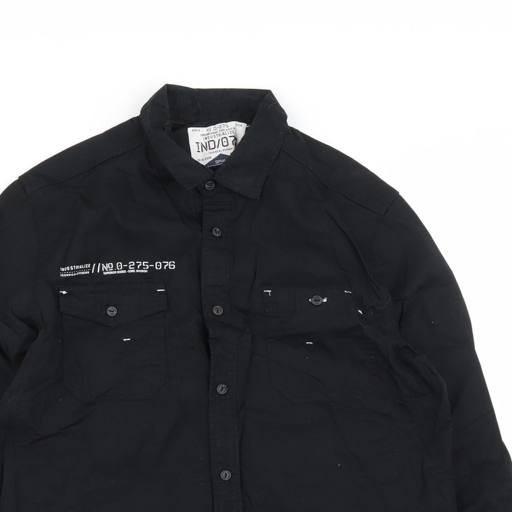 IND Mens Black  Cotton  Button-Up Size S Collared Button