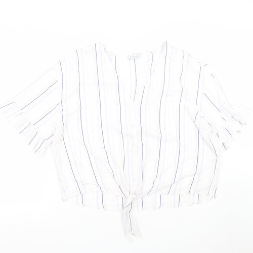 Matalan Womens White Striped Viscose Cropped Button-Up Size 18 V-Neck