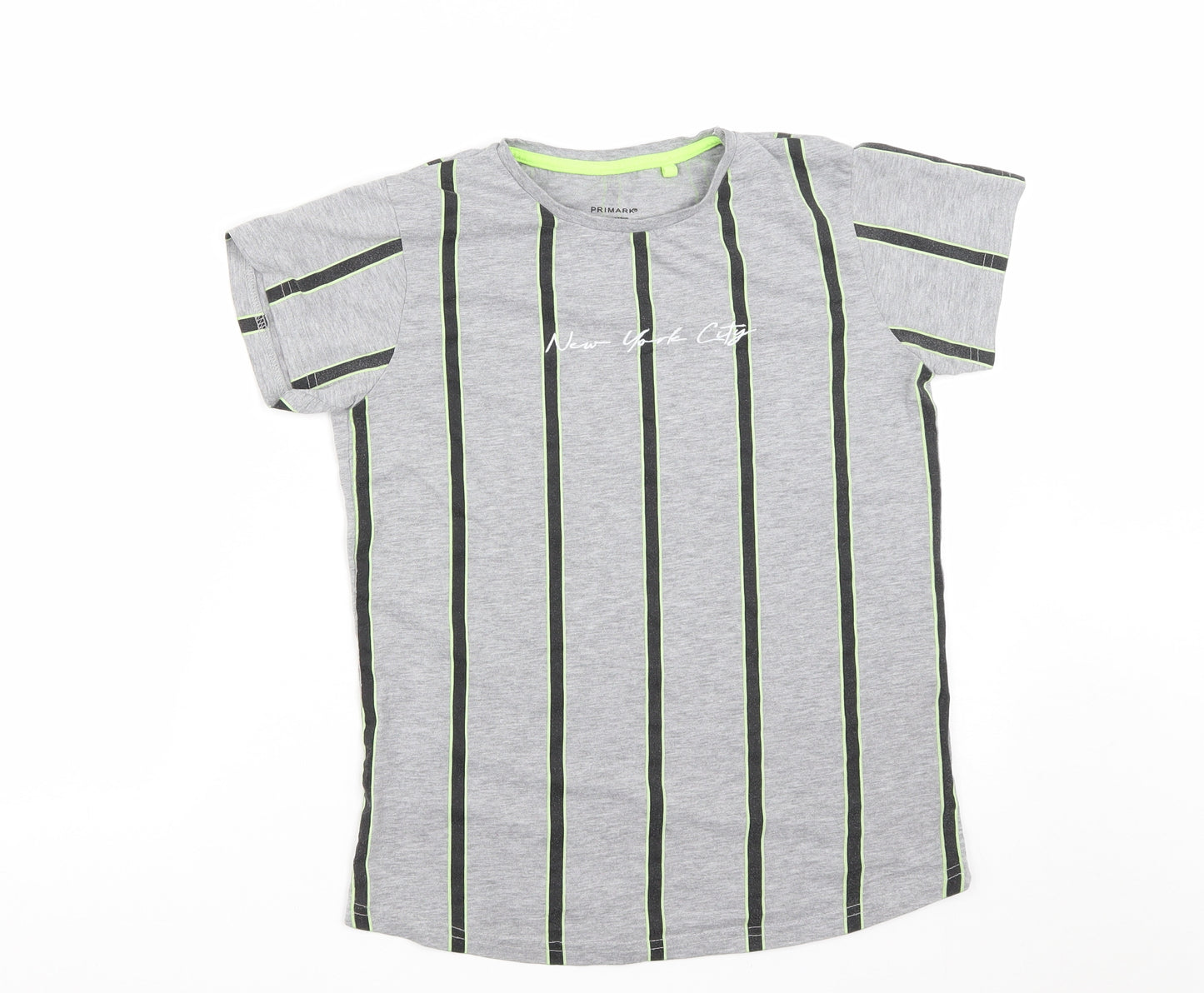 Primark Boys Grey Striped Polyester Basic T-Shirt Size 12-13 Years Round Neck  - New York City