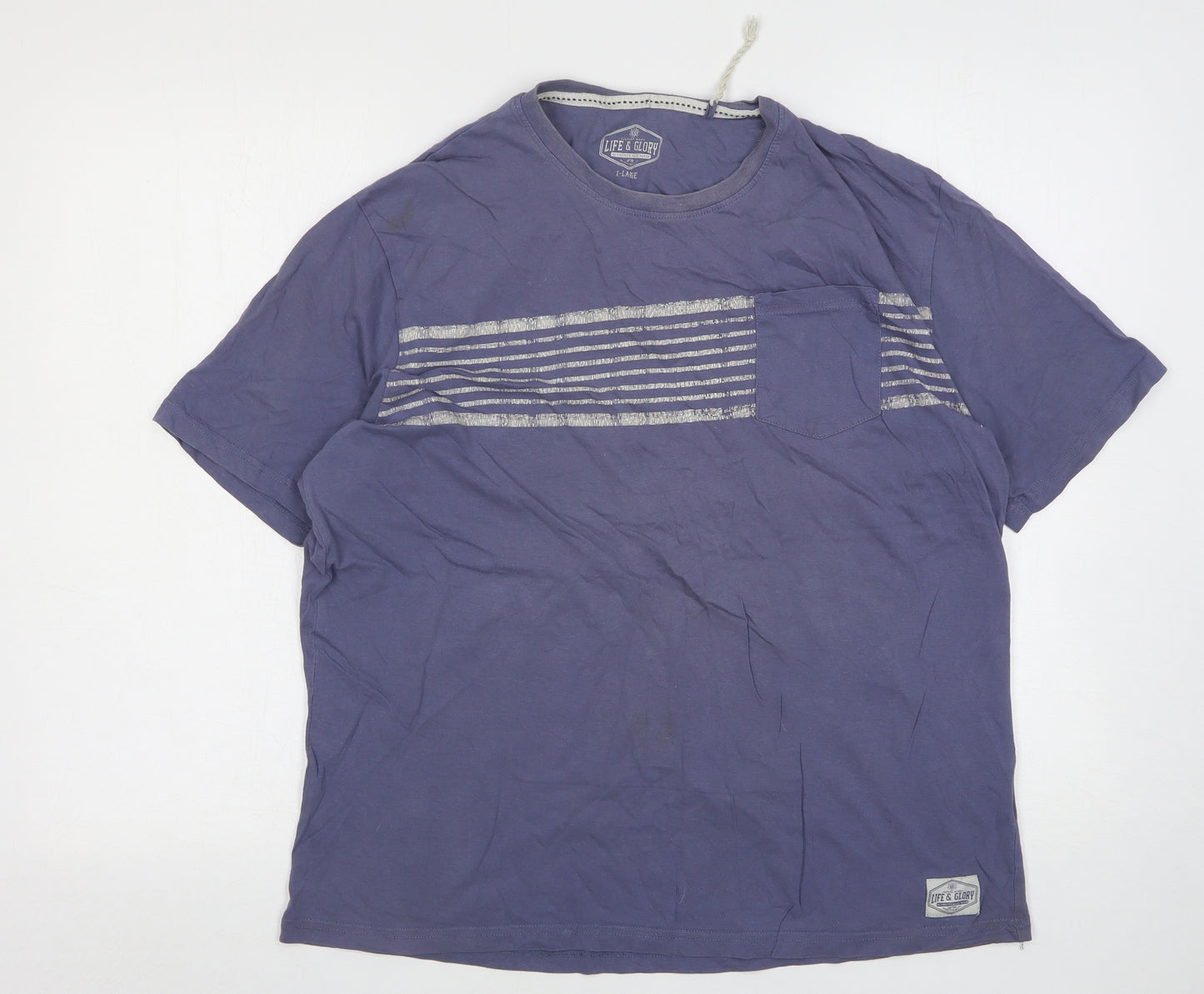 Life And Glory Mens Blue Striped Cotton  T-Shirt Size XL Round Neck