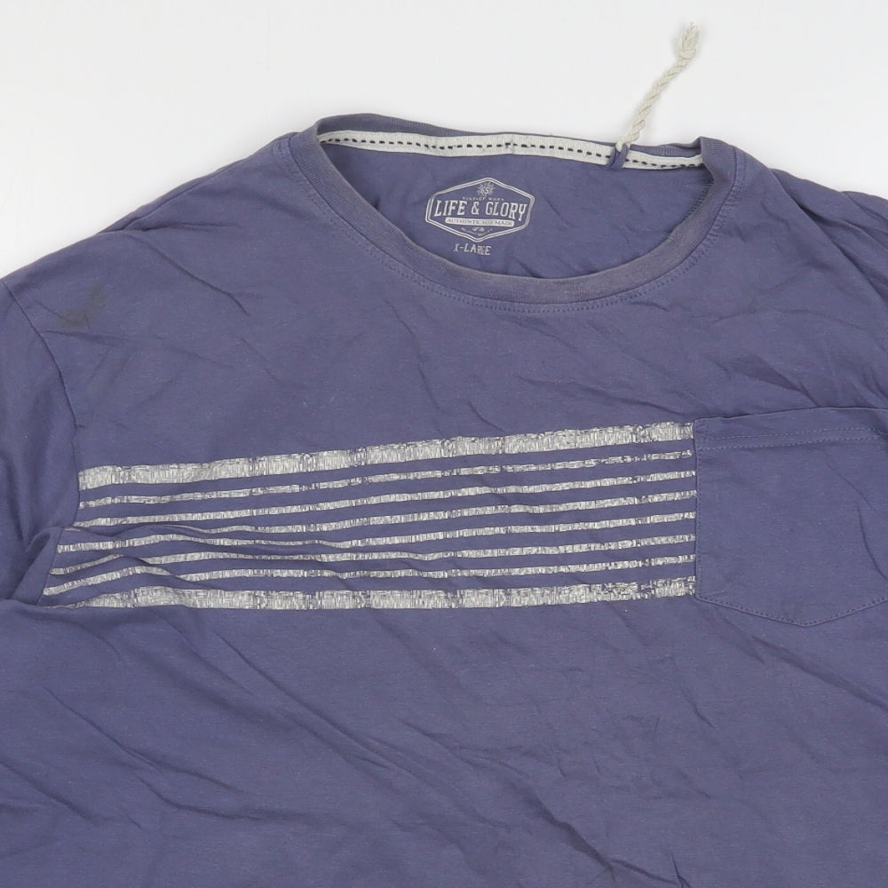 Life And Glory Mens Blue Striped Cotton  T-Shirt Size XL Round Neck
