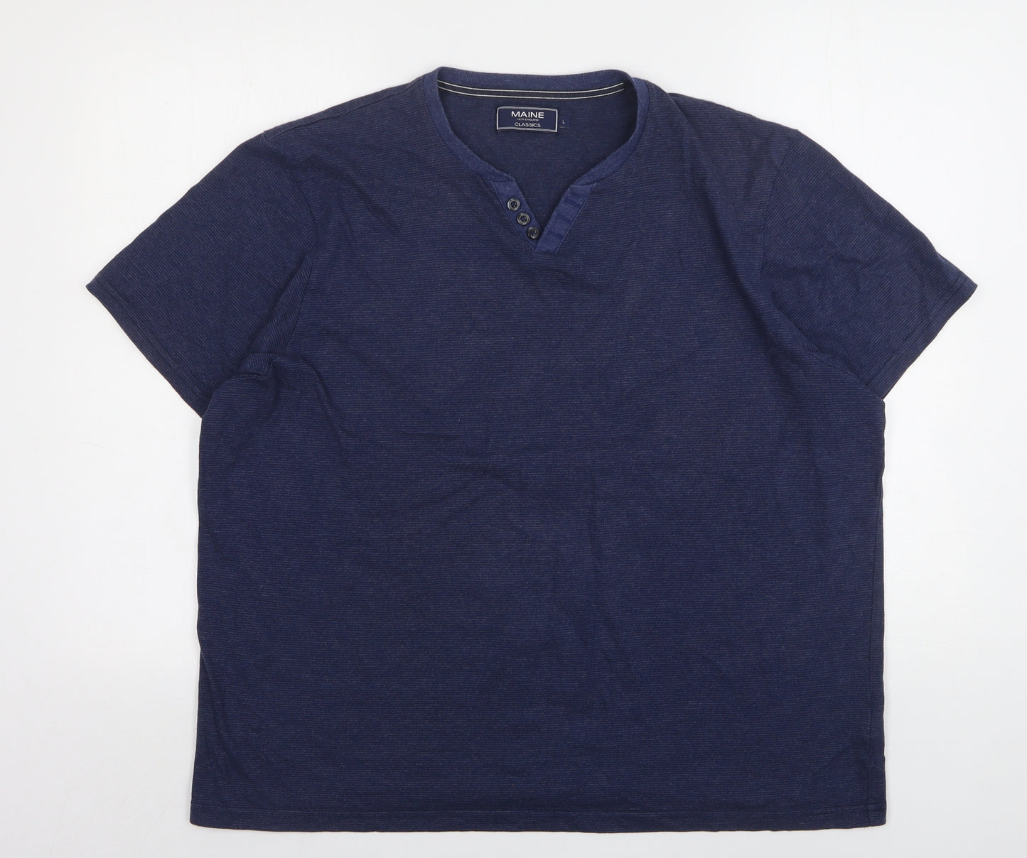 Maine New England Mens Blue Striped Cotton  T-Shirt Size L V-Neck