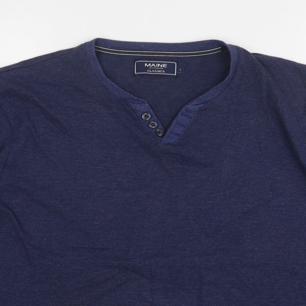 Maine New England Mens Blue Striped Cotton  T-Shirt Size L V-Neck