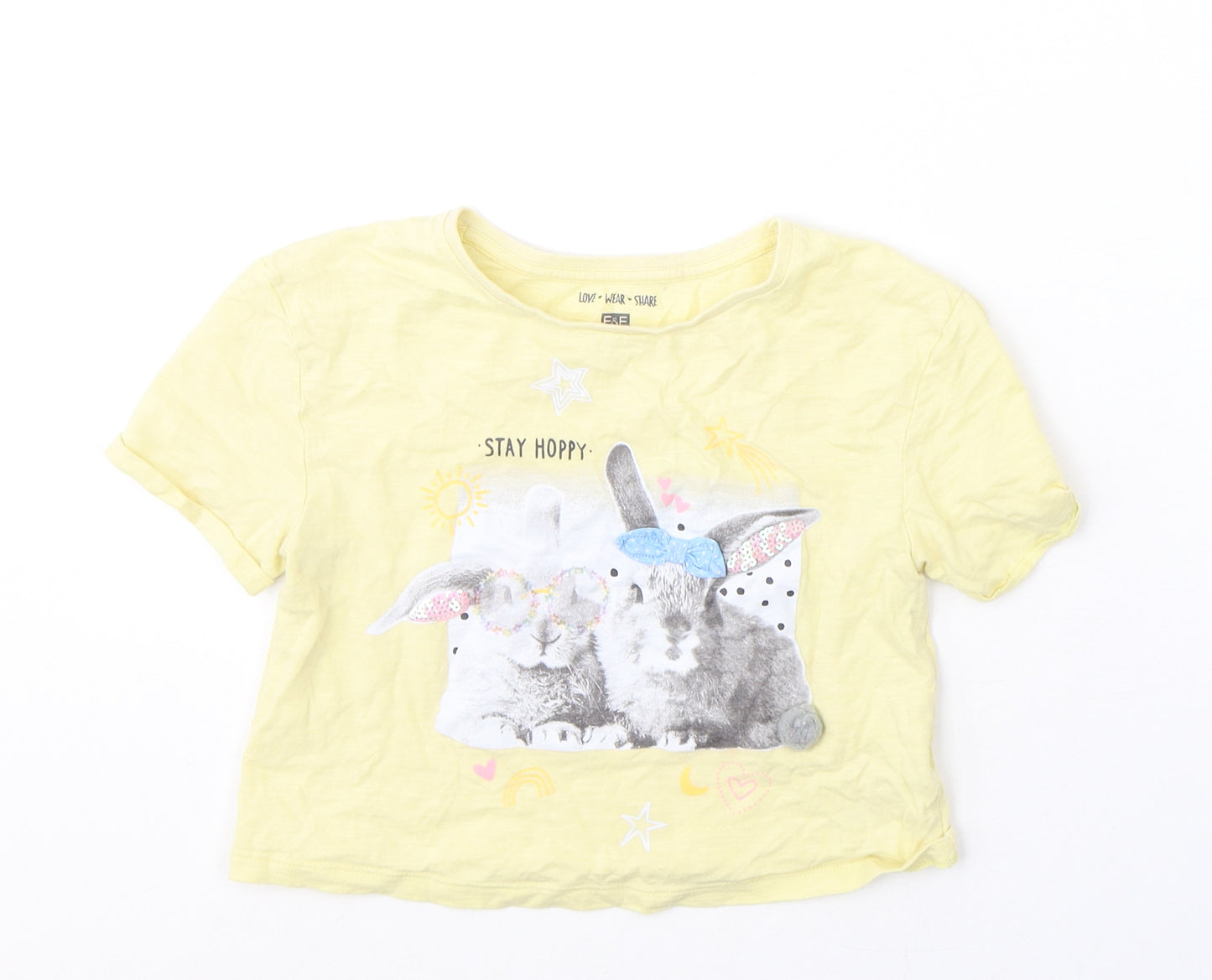 F&F Girls Yellow  Cotton Basic T-Shirt Size 6-7 Years Round Neck Pullover - Bunny