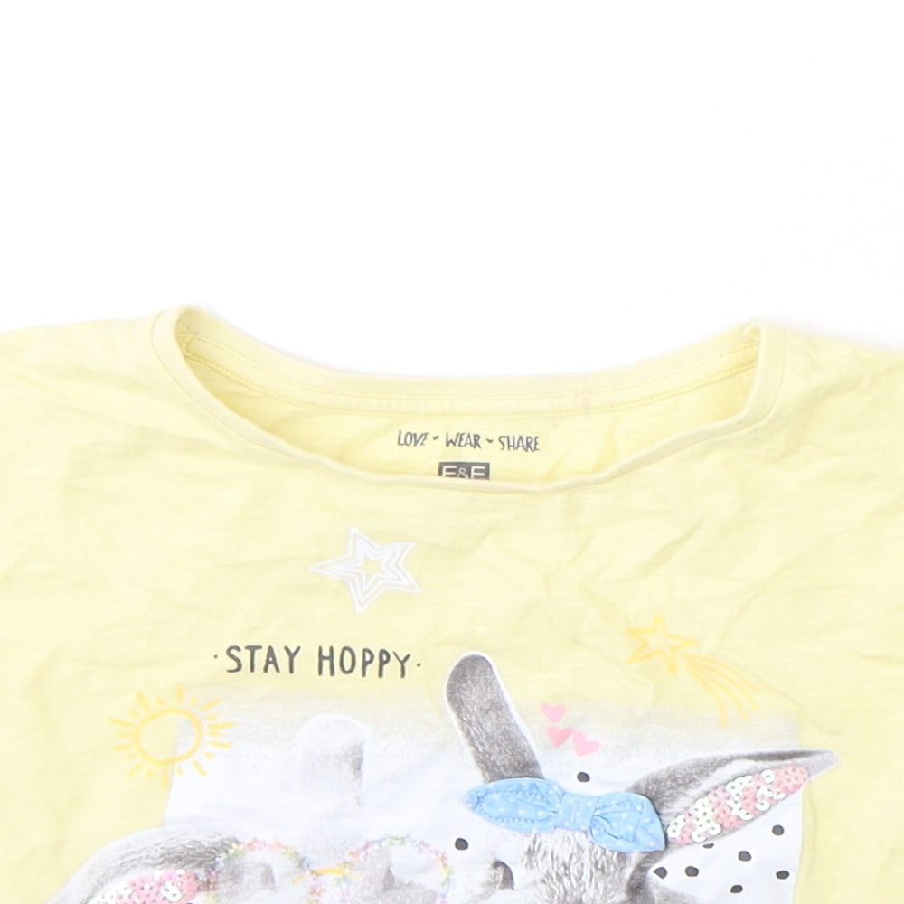 F&F Girls Yellow  Cotton Basic T-Shirt Size 6-7 Years Round Neck Pullover - Bunny