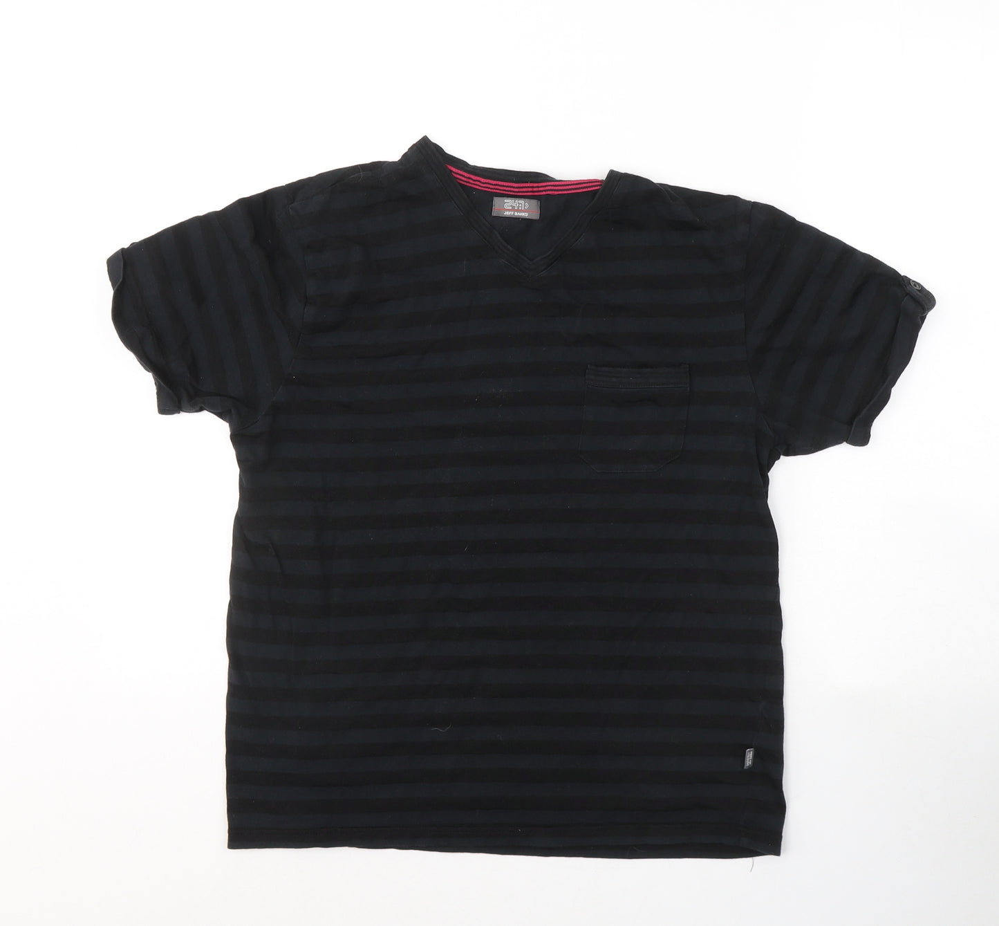 Jeff Banks Womens Black Striped Cotton Basic T-Shirt Size L V-Neck