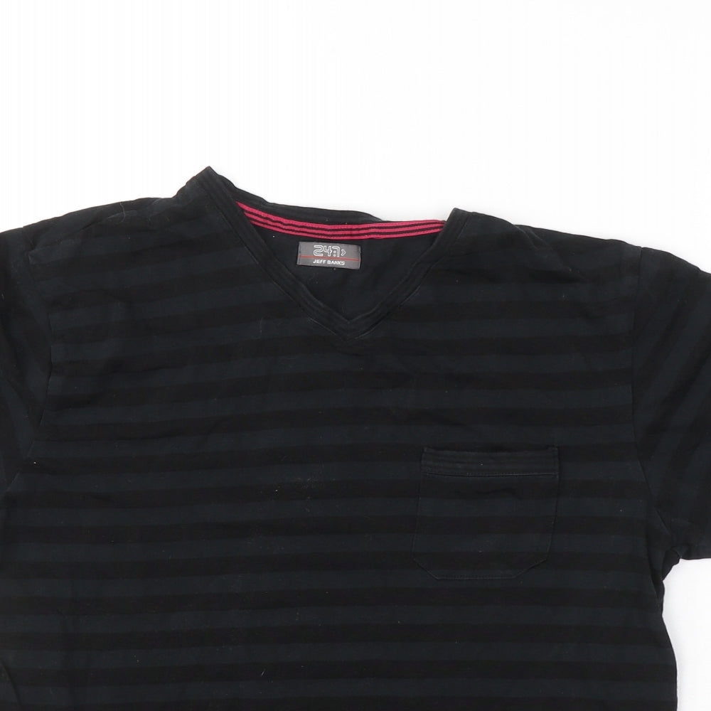 Jeff Banks Womens Black Striped Cotton Basic T-Shirt Size L V-Neck