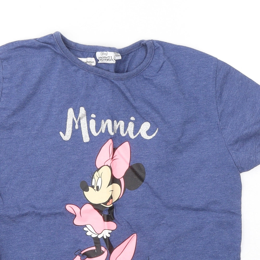 Disney Girls Blue  Cotton Basic T-Shirt Size 12-13 Years Round Neck Pullover - Minnie mouse