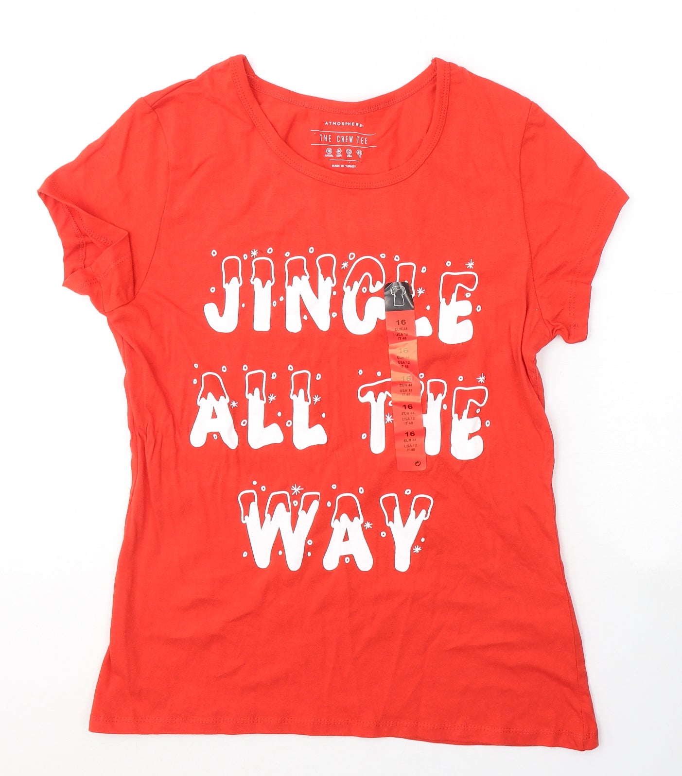 Atmosphere Womens Red  Cotton Basic T-Shirt Size 16 Round Neck - Christmas