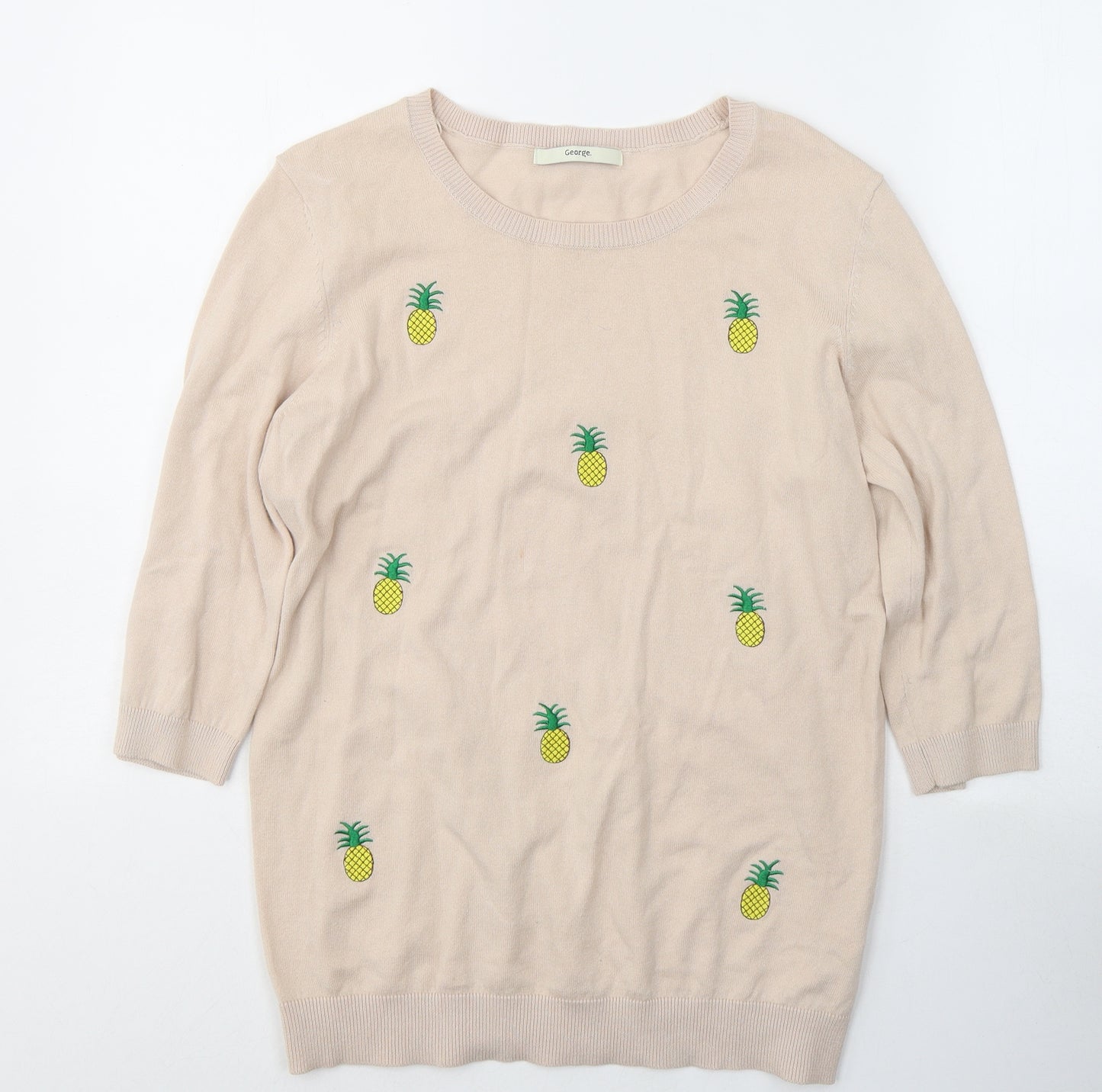 George Womens Beige Round Neck Geometric Cotton Pullover Jumper Size 12   - Pineapple