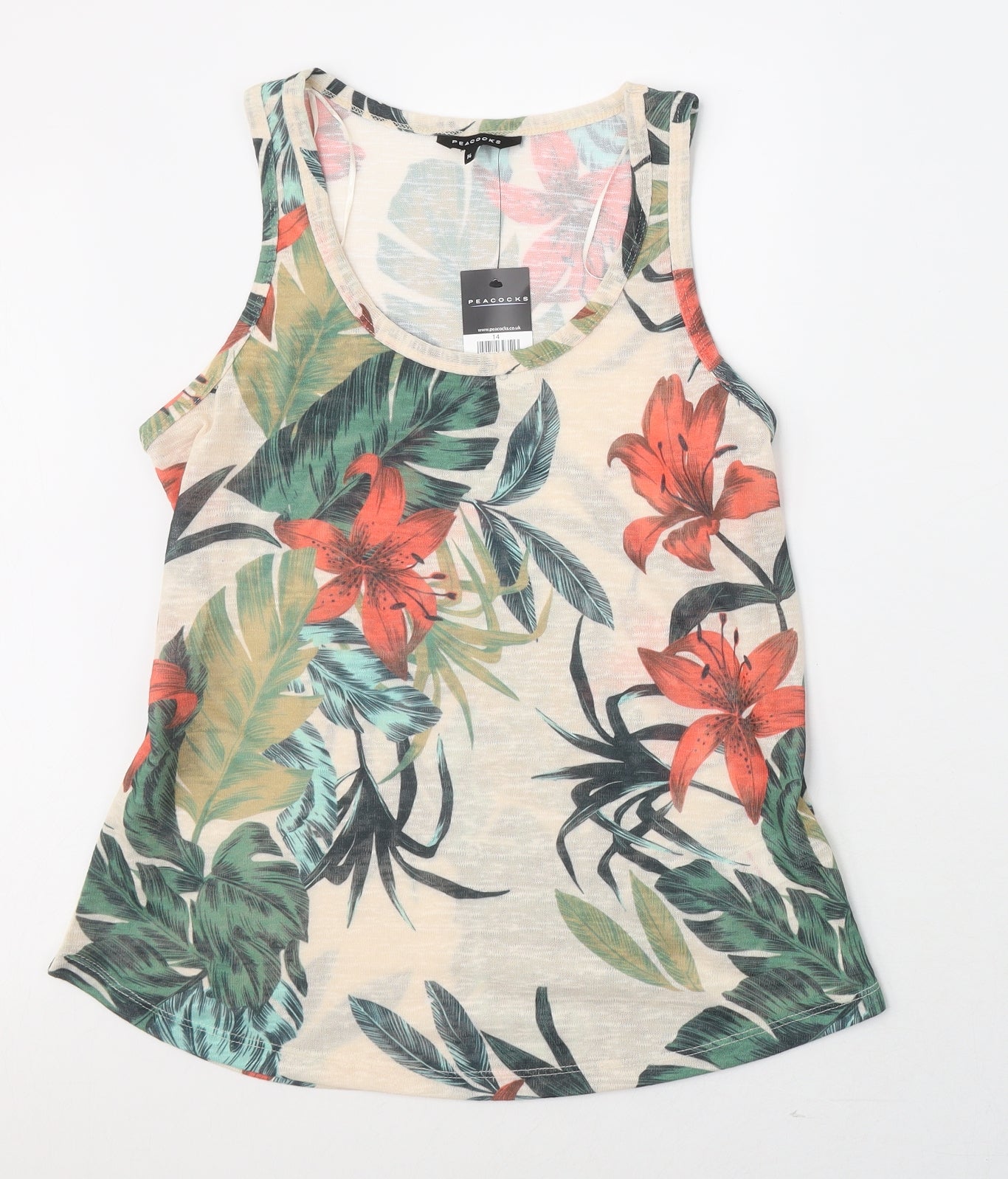 Peacocks Womens Beige Floral Cotton Basic Tank Size 14 Round Neck