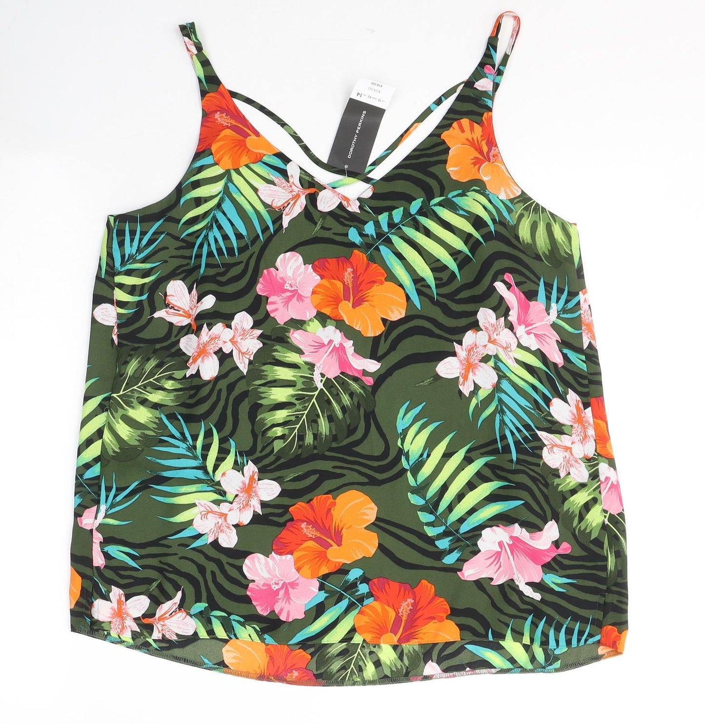 Dorothy Perkins Womens Green Floral Polyester Basic Tank Size 14 V-Neck