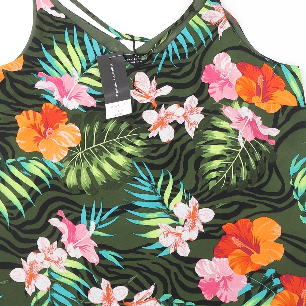 Dorothy Perkins Womens Green Floral Polyester Basic Tank Size 14 V-Neck