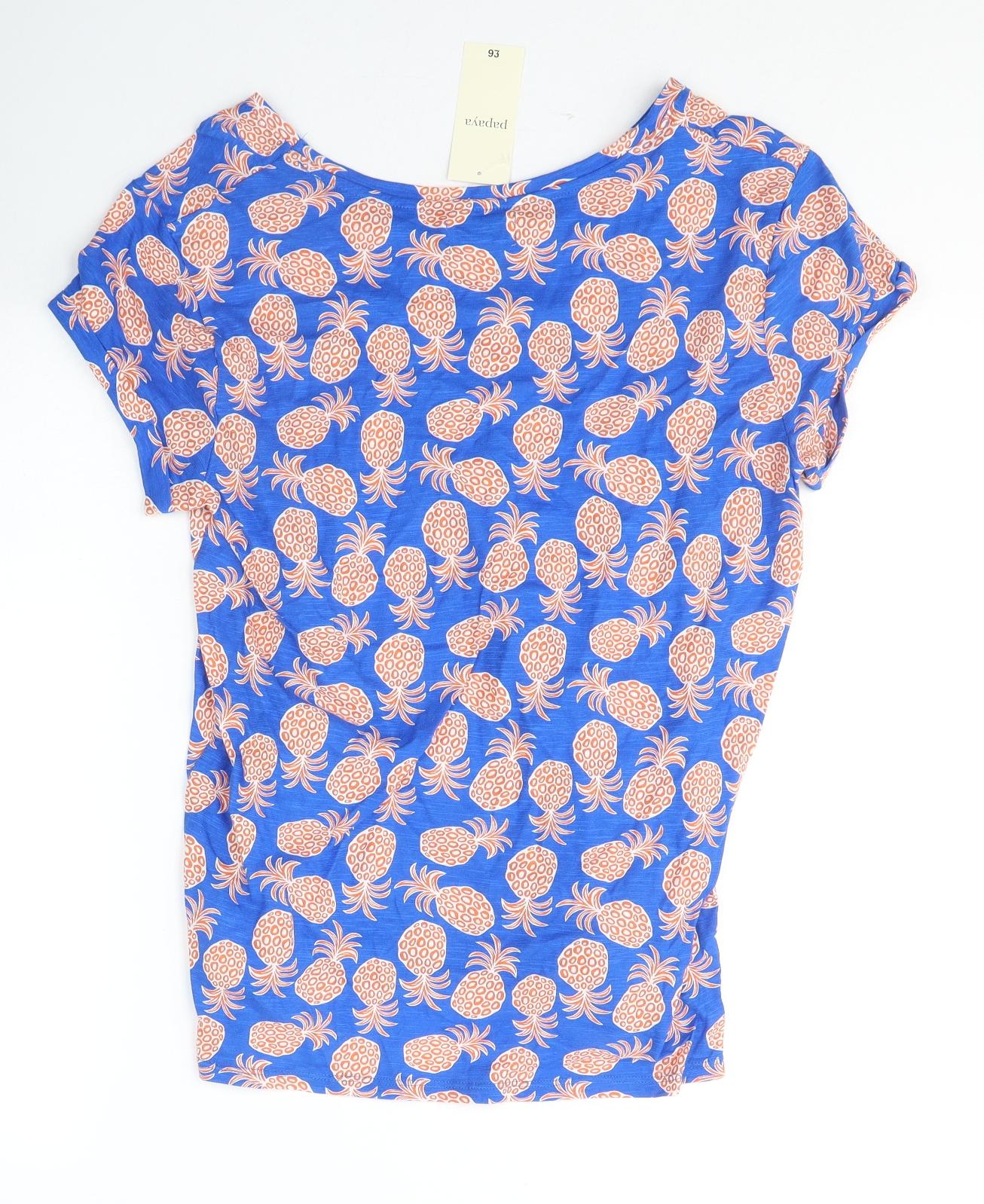 Papaya Womens Blue Geometric Cotton Basic T-Shirt Size 12 Round Neck - Pineapple