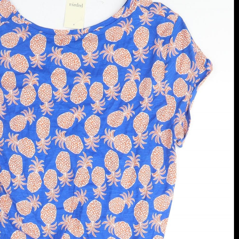 Papaya Womens Blue Geometric Cotton Basic T-Shirt Size 12 Round Neck - Pineapple