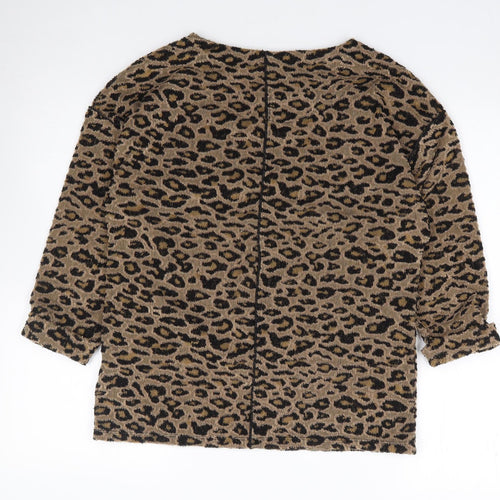 Marks and Spencer Womens Brown Animal Print Polyester Jersey T-Shirt Size 8 Round Neck