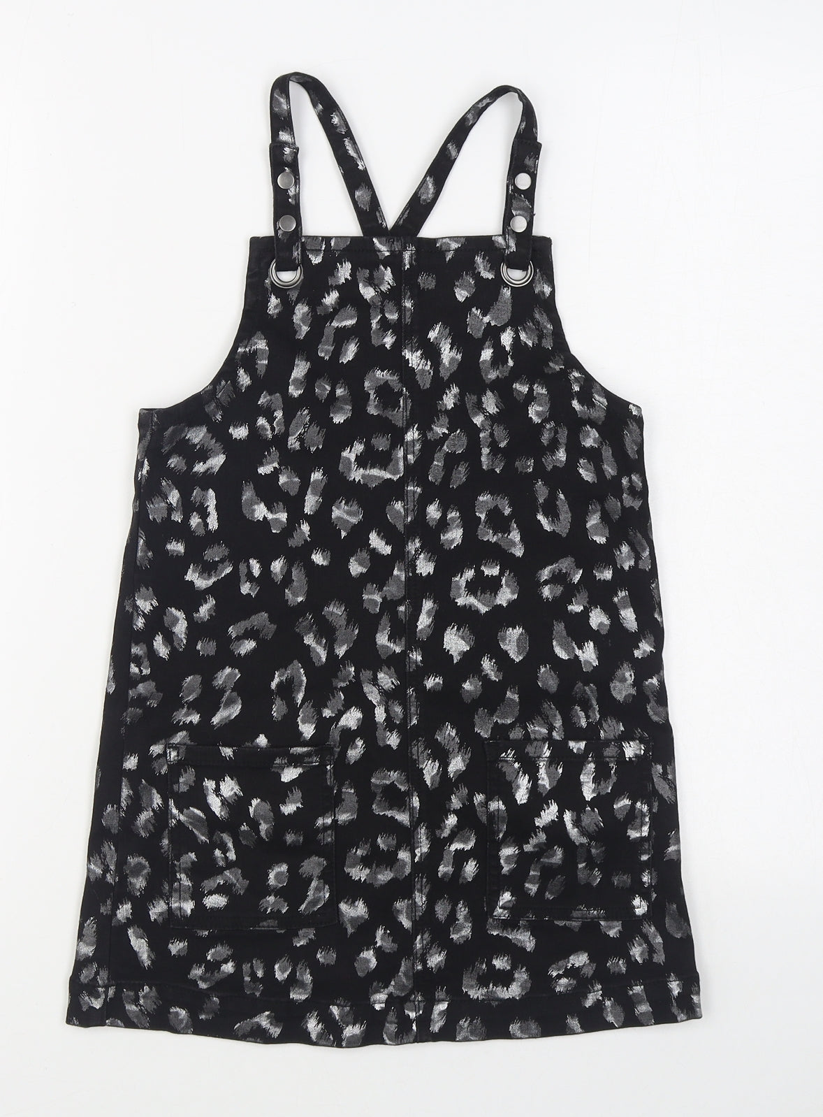 George Girls Black Animal Print Cotton Pinafore/Dungaree Dress  Size 7-8 Years  Square Neck Button