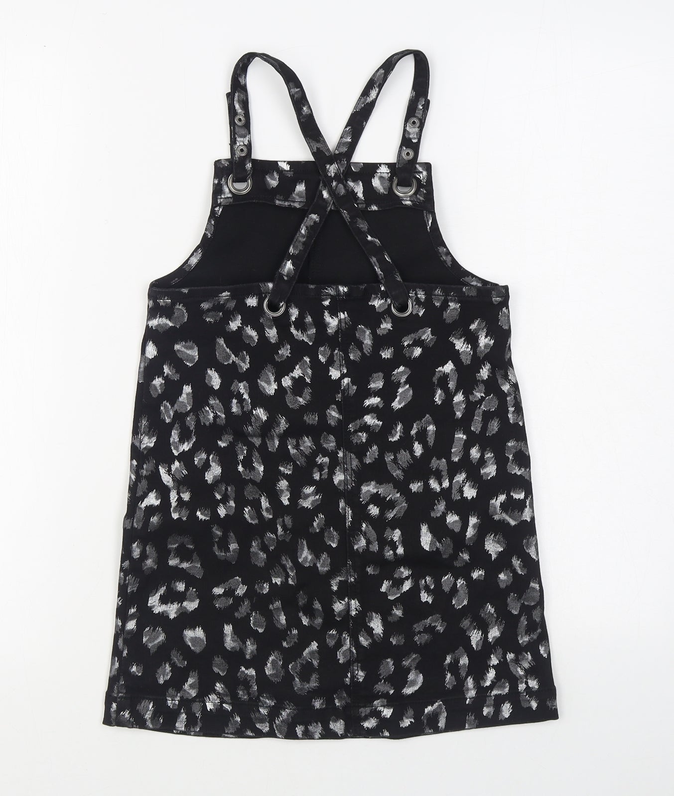 George Girls Black Animal Print Cotton Pinafore/Dungaree Dress  Size 7-8 Years  Square Neck Button