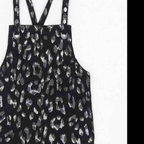George Girls Black Animal Print Cotton Pinafore/Dungaree Dress  Size 7-8 Years  Square Neck Button