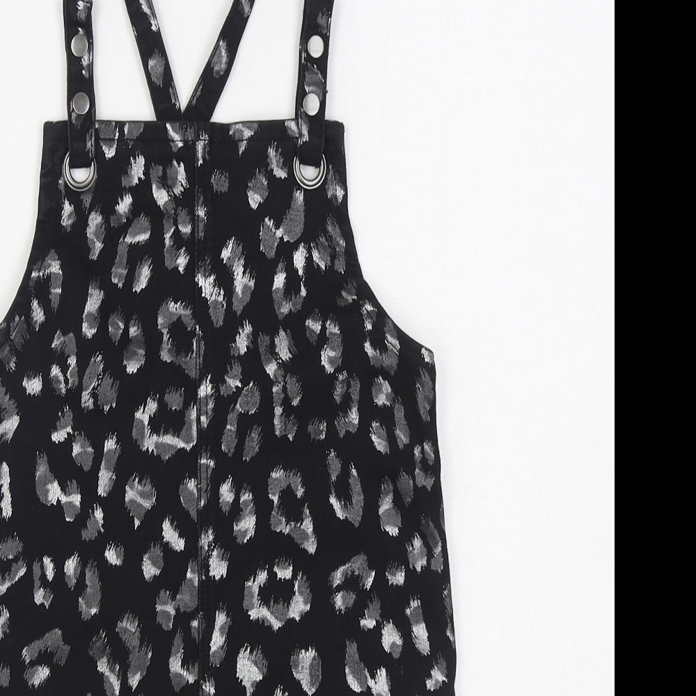 George Girls Black Animal Print Cotton Pinafore/Dungaree Dress  Size 7-8 Years  Square Neck Button