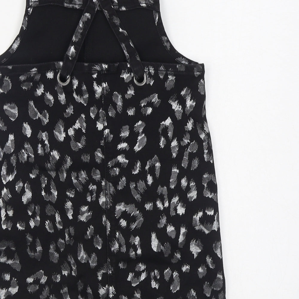George Girls Black Animal Print Cotton Pinafore/Dungaree Dress  Size 7-8 Years  Square Neck Button