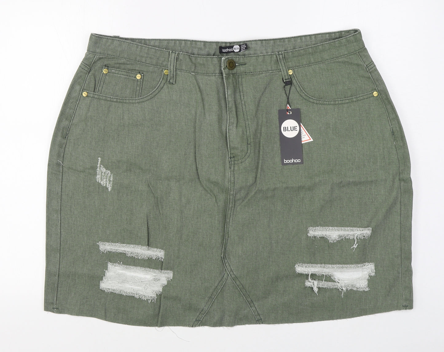 Boohoo Womens Green  Cotton A-Line Skirt Size 22   Zip - Distressed