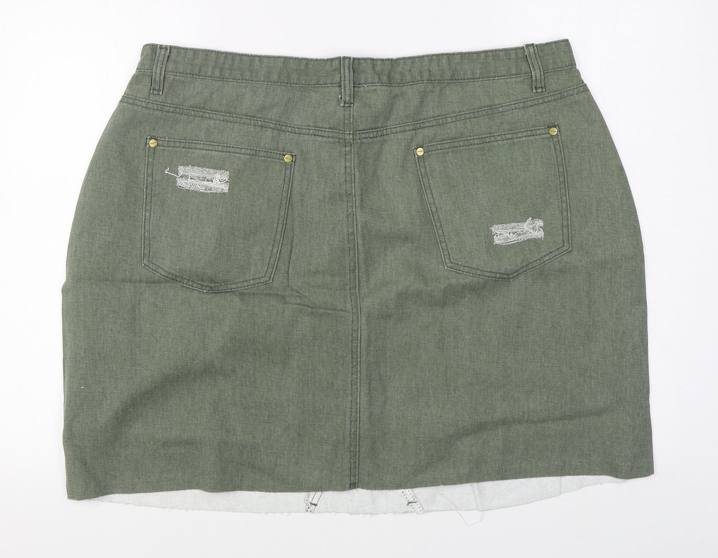 Boohoo Womens Green  Cotton A-Line Skirt Size 22   Zip - Distressed