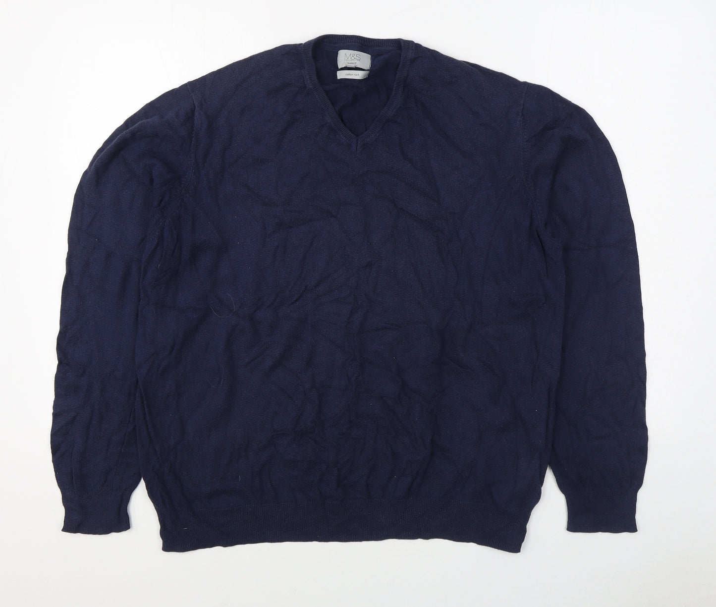 Marks and Spencer Mens Blue V-Neck  Cotton Pullover Jumper Size XL