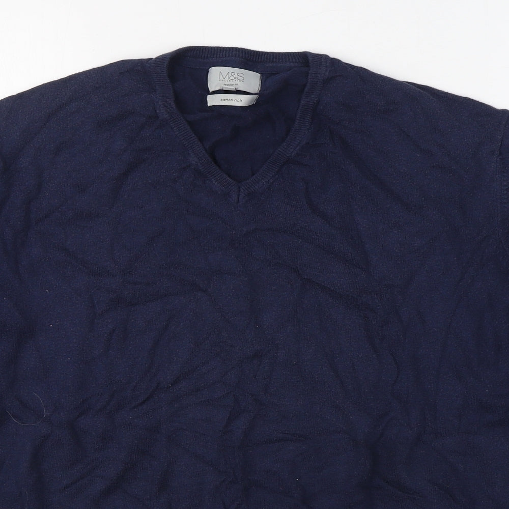 Marks and Spencer Mens Blue V-Neck  Cotton Pullover Jumper Size XL