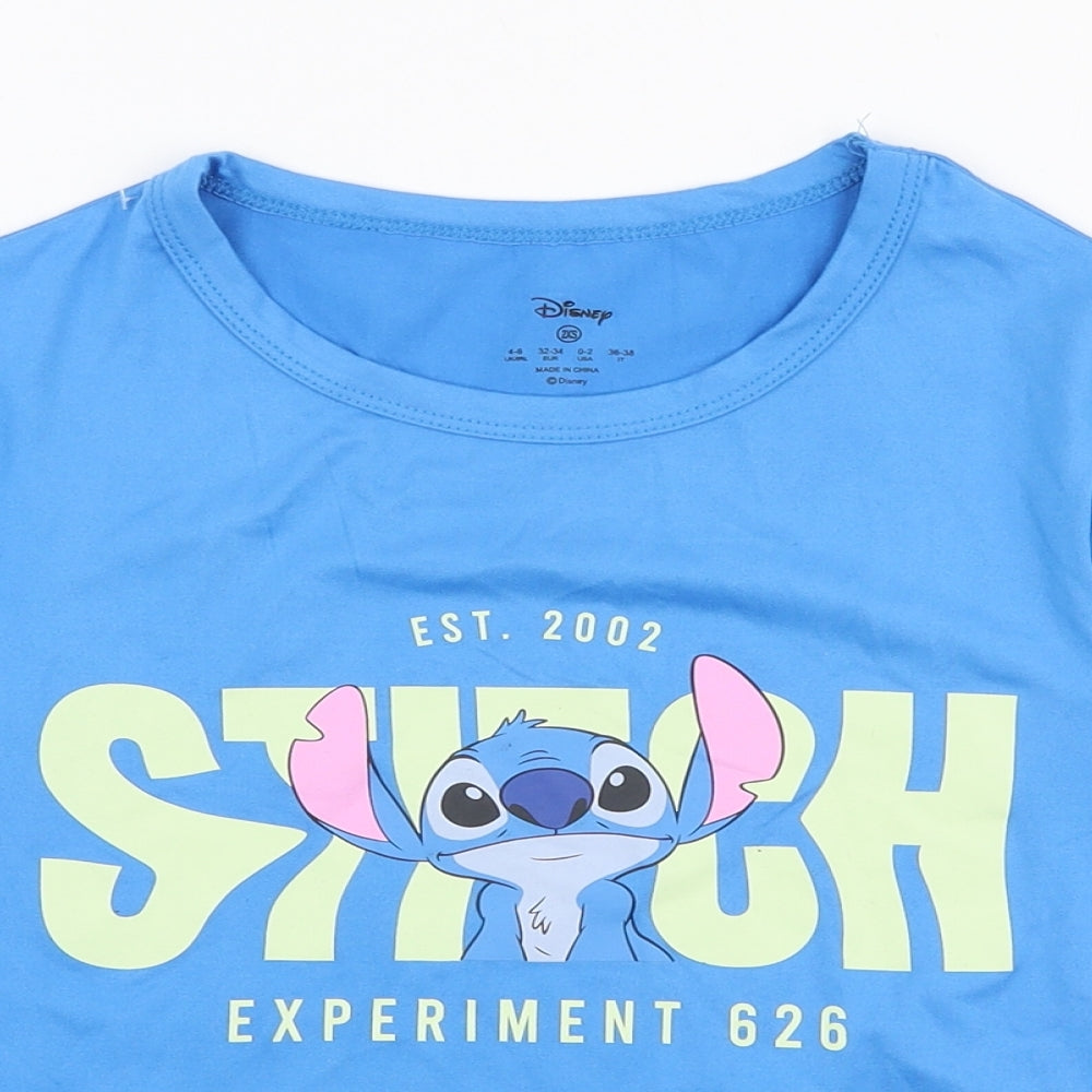 Primark Womens Blue  Polyester Cropped T-Shirt Size 6 Round Neck - Disney Stitch