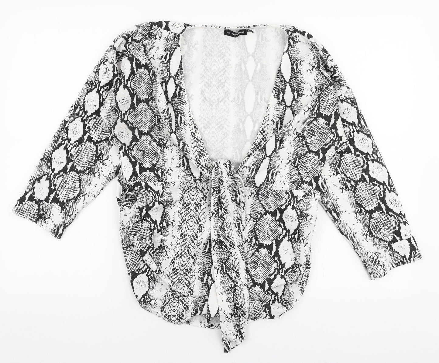 PRETTYLITTLETHING Womens White Animal Print Polyester Basic Blouse Size 14 V-Neck