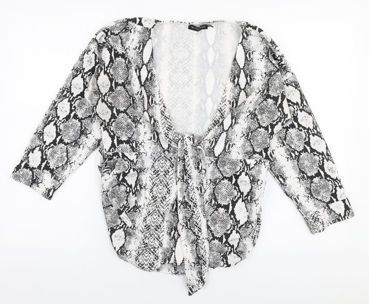 PRETTYLITTLETHING Womens White Animal Print Polyester Basic Blouse Size 14 V-Neck