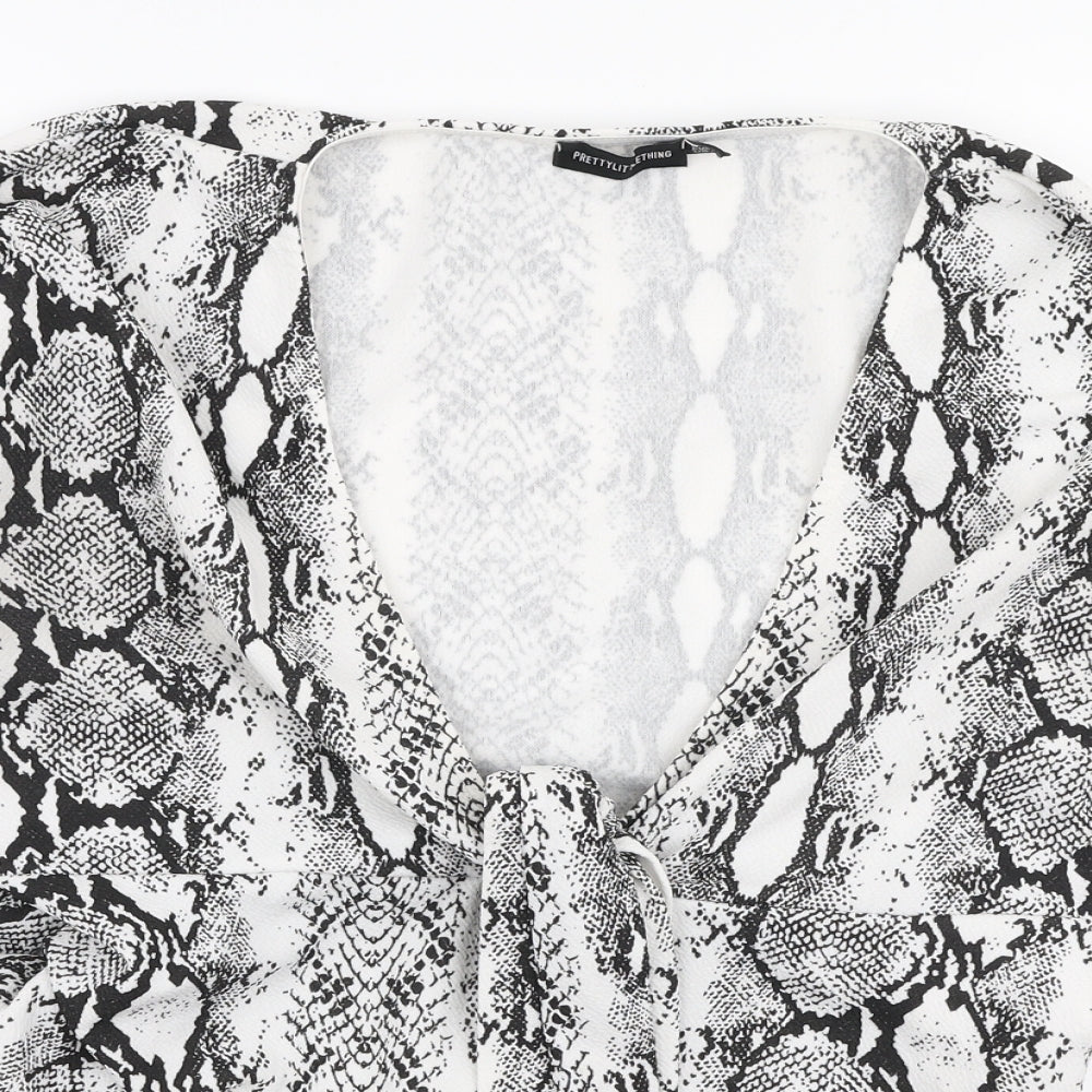 PRETTYLITTLETHING Womens White Animal Print Polyester Basic Blouse Size 14 V-Neck