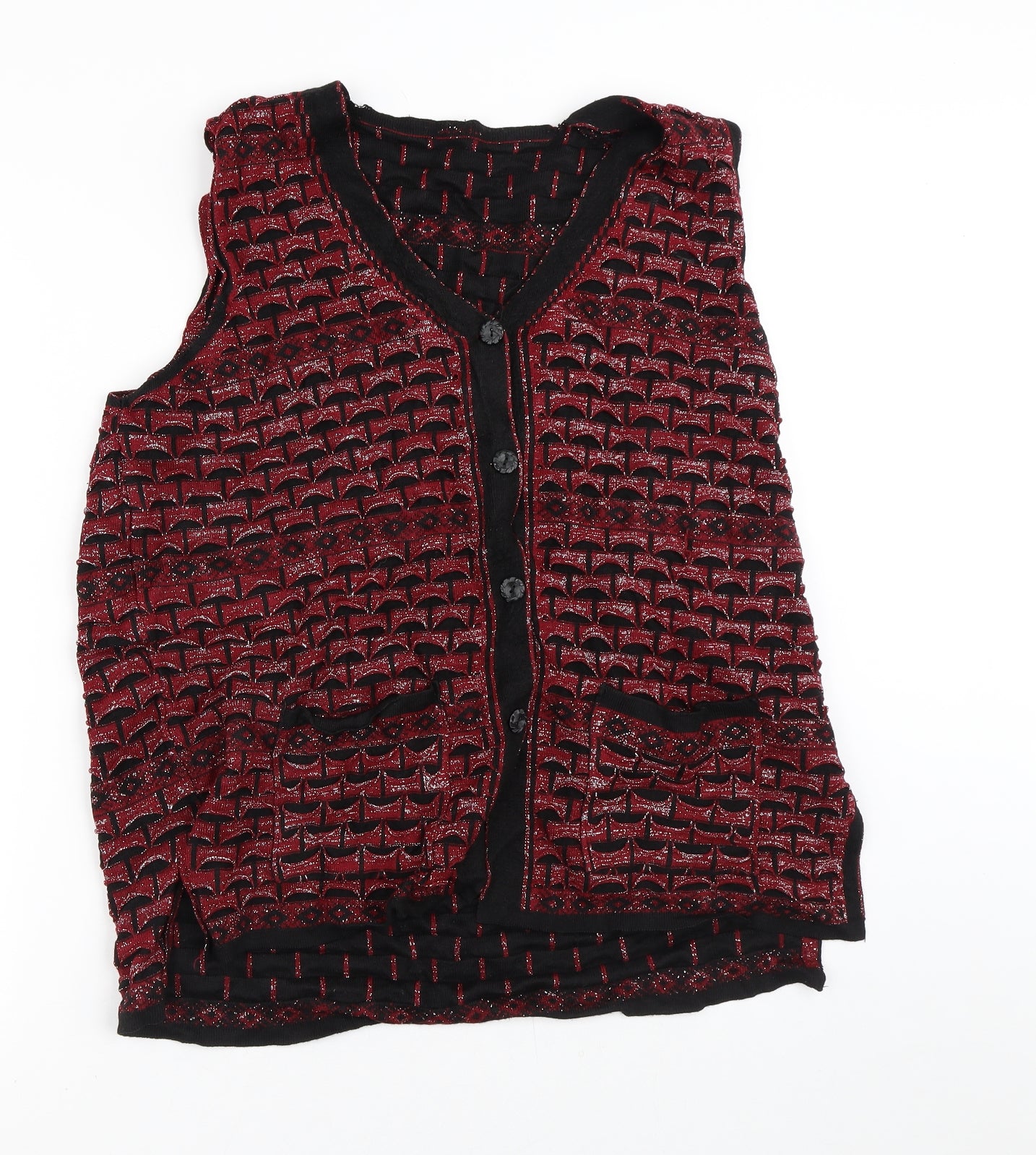 Preworn Womens Red V-Neck Geometric Polyester Cardigan Jumper Size M