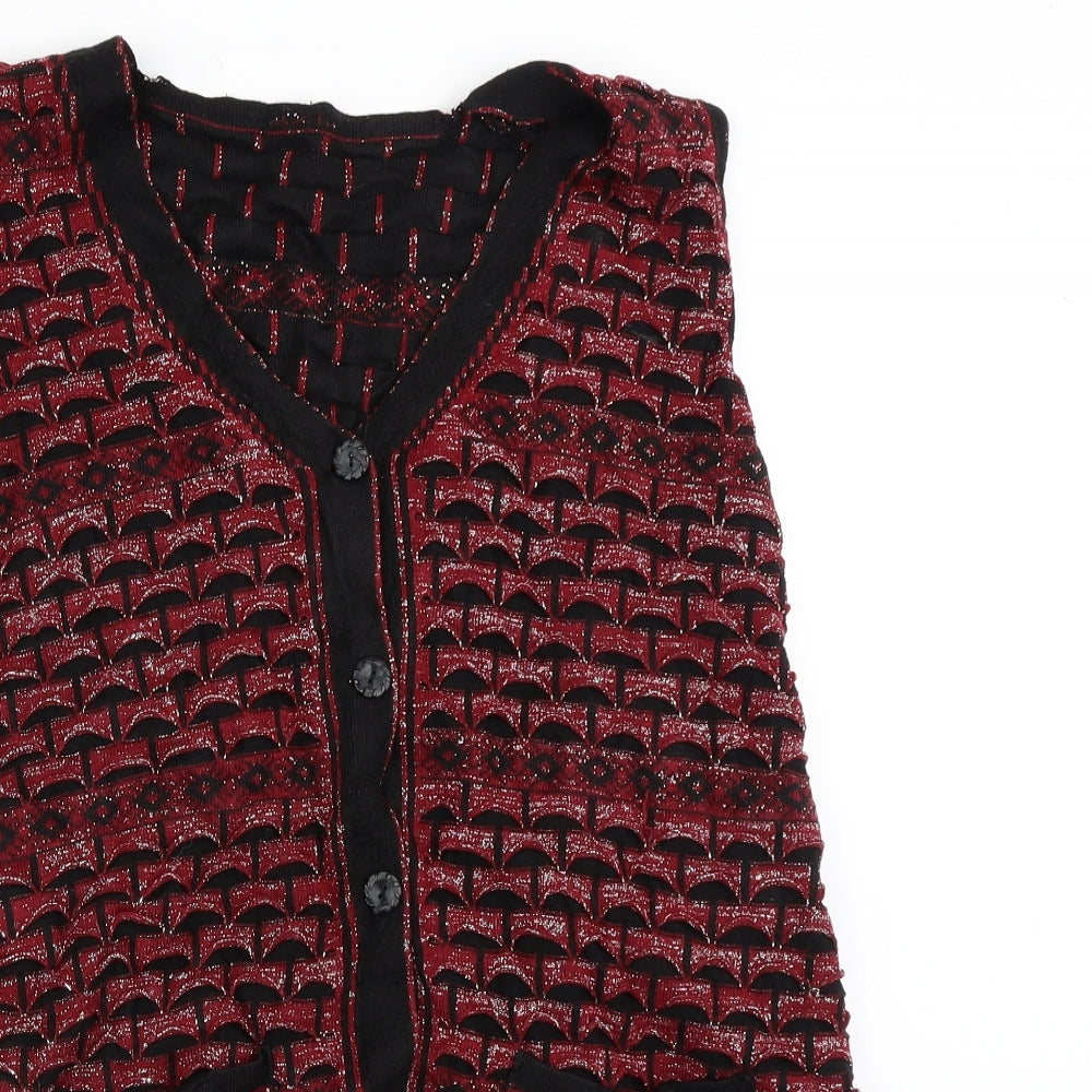 Preworn Womens Red V-Neck Geometric Polyester Cardigan Jumper Size M