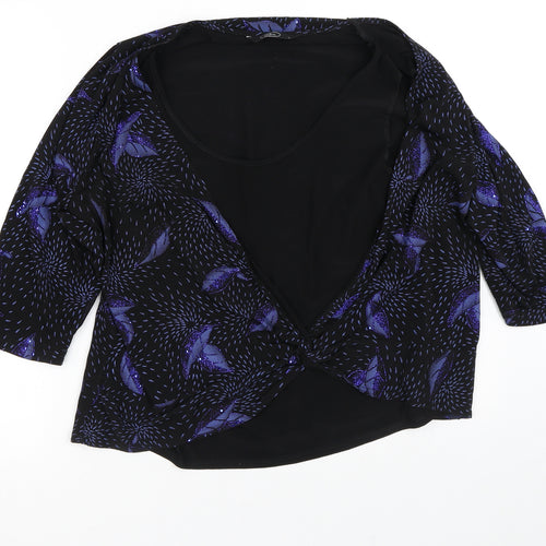 Bonmarché Womens Black Round Neck Geometric Polyester Cardigan Jumper Size L   - Two Layers, Birds