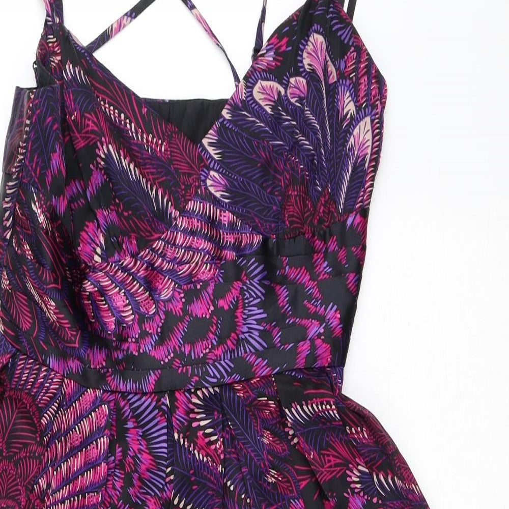 Warehouse Womens Purple Geometric Silk Fit & Flare  Size 10  V-Neck