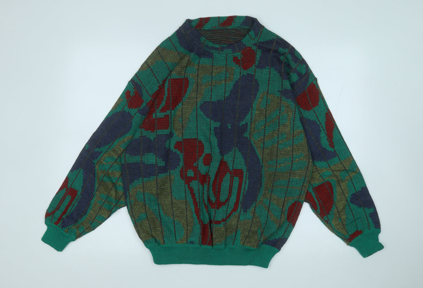 Preworn Mens Green Round Neck Geometric Acrylic Pullover Jumper Size L