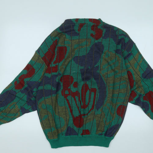 Preworn Mens Green Round Neck Geometric Acrylic Pullover Jumper Size L