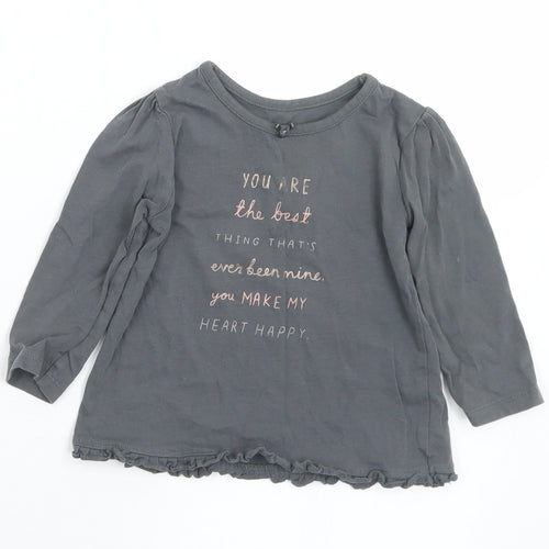George Girls Grey  Cotton Basic T-Shirt Size 9-12 Months Round Neck  - Slogan