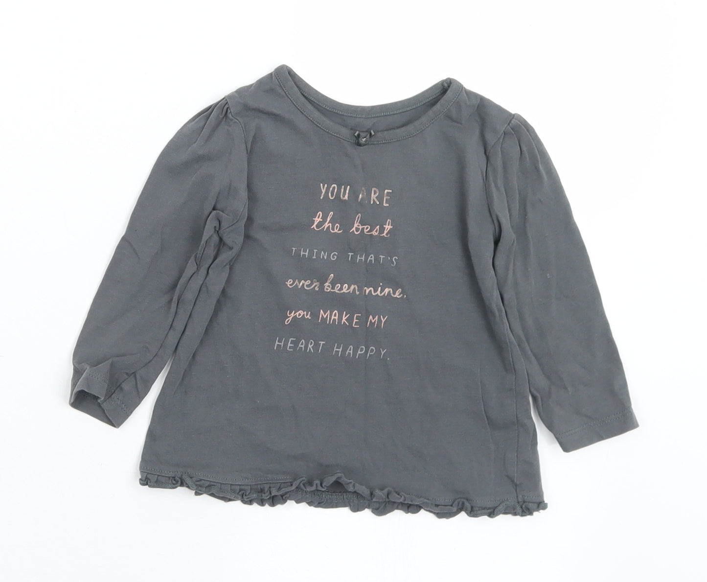 George Girls Grey  Cotton Basic T-Shirt Size 9-12 Months Round Neck  - Slogan