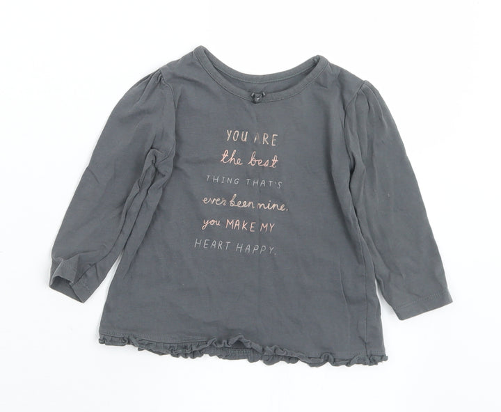 George Girls Grey  Cotton Basic T-Shirt Size 9-12 Months Round Neck  - Slogan