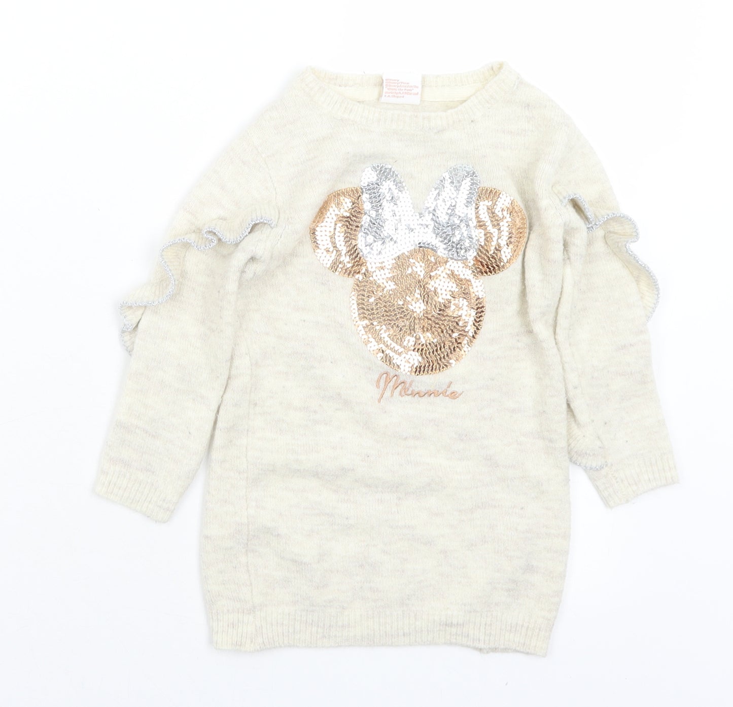 Primark Girls Beige Crew Neck  Acrylic Pullover Jumper Size 2-3 Years   - Minnie Mouse. Sequins