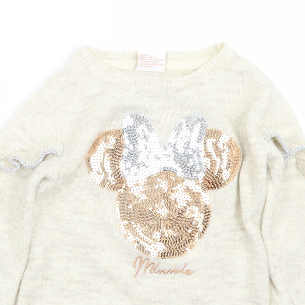 Primark Girls Beige Crew Neck  Acrylic Pullover Jumper Size 2-3 Years   - Minnie Mouse. Sequins