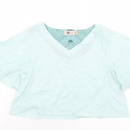 Fab Womens Green  Cotton Cropped Blouse Size M V-Neck